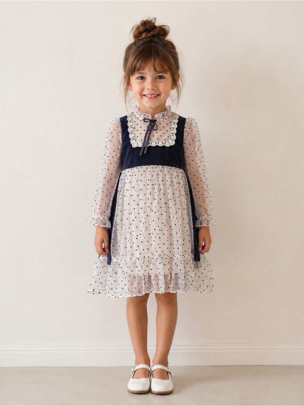 Sears Perma-Prest Navy and White Polka Dot Lace-Trim Dress